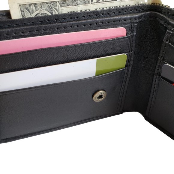 Men's Black Genuine Leather Bifold Traveler Wallet with Button NEW - Picture 8 of 10